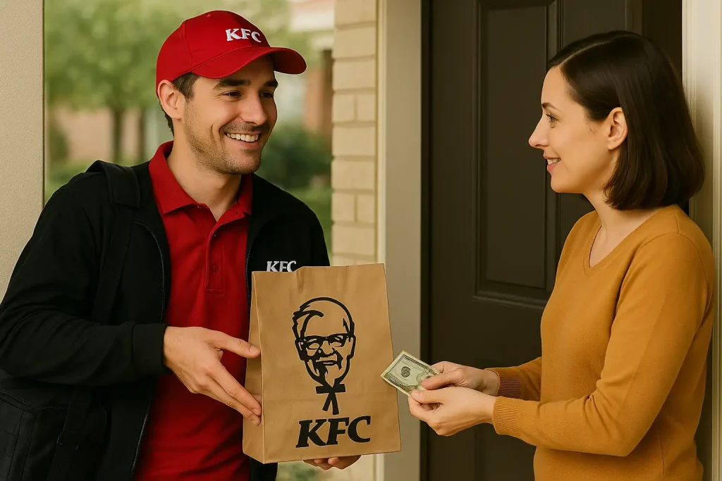 KFC fast-food delivery driver delivering chicken meal to customer paying with cash at door
