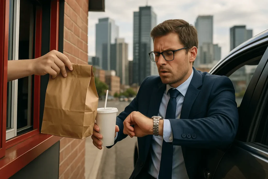 Busy professional picking up fast food on the go, highlighting convenience and modern lifestyle needs
