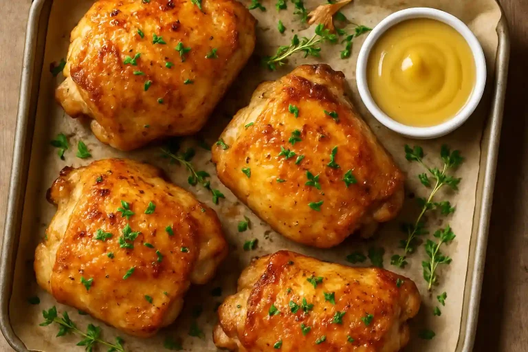“Golden baked chicken thighs garnished with herbs on a serving platter, juicy and crispy with a rustic background.