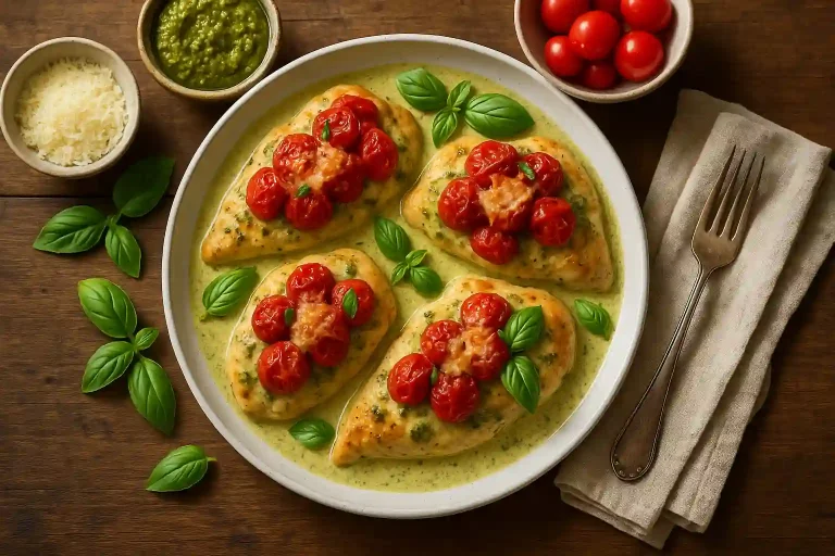 Creamy pesto chicken topped with roasted cherry tomatoes and basil served on a rustic plate.