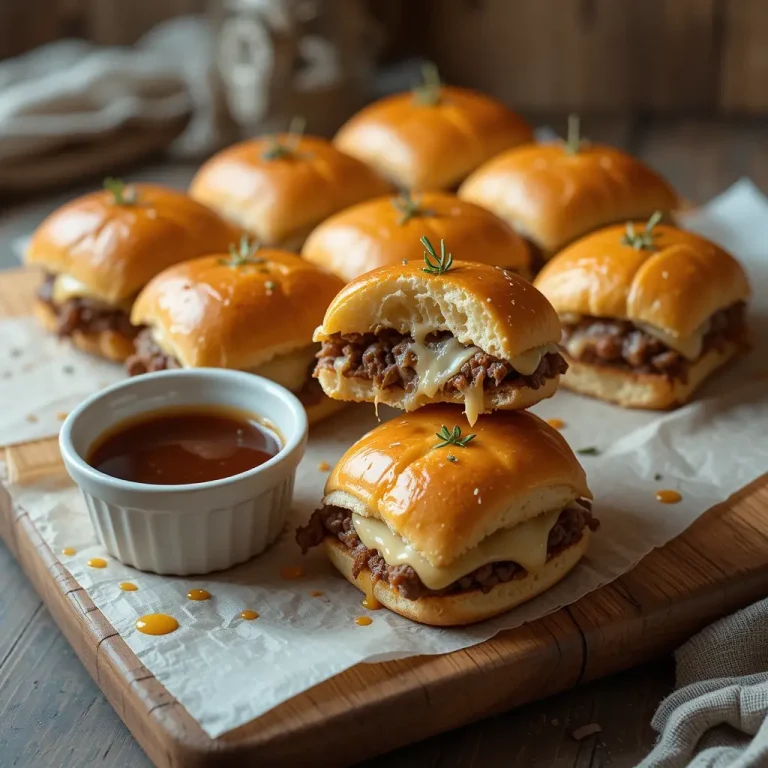 French Dip Sliders with melty cheese and au jus dipping sauce on a wooden table.