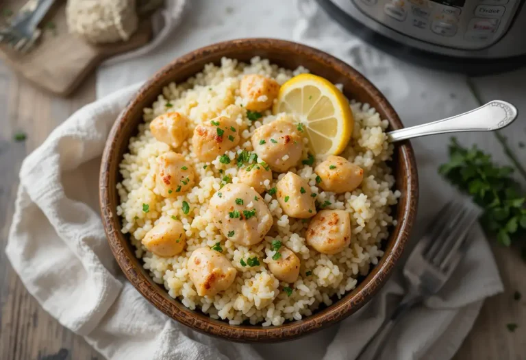 Fluffy Instant Pot chicken and rice in a rustic bowl with lemon and parsley.