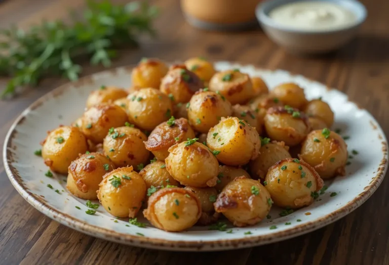 Golden crispy roasted mini potatoes in a bowl with parsley garnish, served with dipping sauce on a rustic table.