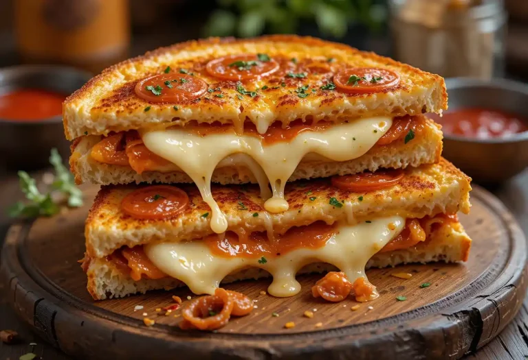 Crispy pizza grilled cheese sandwich cut in half with melty mozzarella and pepperoni, served on a wooden board with a side of pizza sauce.