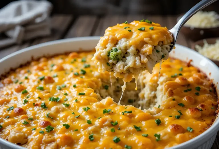 Golden Chicken Cauliflower Rice Casserole in a white baking dish with bubbly cheddar cheese on top, parsley garnish, and a spoon scooping out a creamy serving.