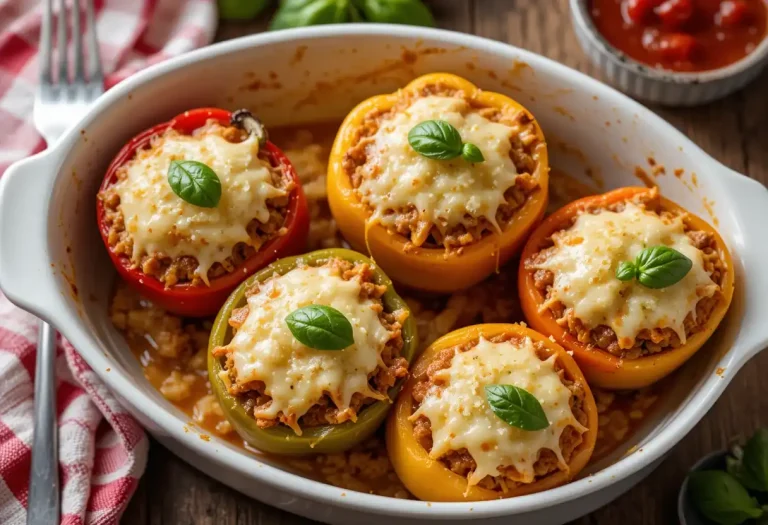 Cheesy lasagna stuffed bell peppers in a white baking dish topped with melted mozzarella and fresh herbs, served on a rustic wooden table.”