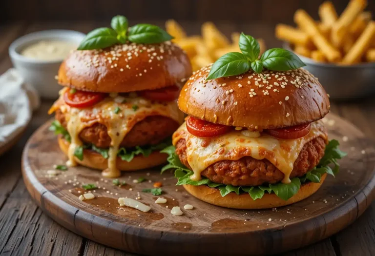 Juicy pizza burgers with melted mozzarella and pepperoni on toasted buns, served with fries and garlic aioli on a rustic wooden table.