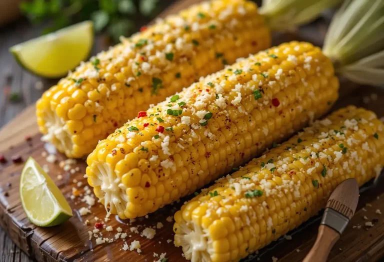 Grilled cheesy garlic butter corn on the cob with parsley and Parmesan on a wooden board.