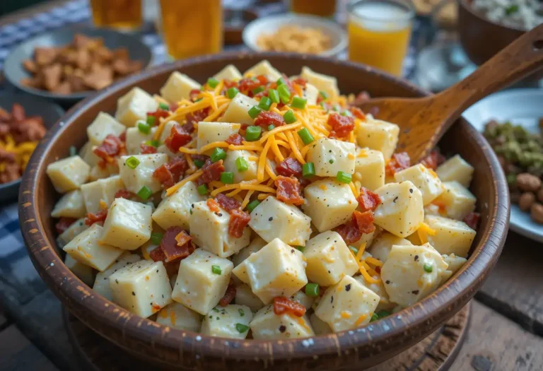 Loaded potato salad in a rustic bowl with bacon, cheese, and green onions, perfect for a summer BBQ table.