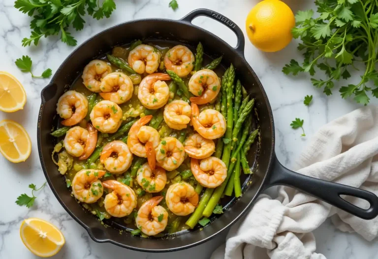 Garlic Butter Shrimp with Asparagus in a rustic skillet, surrounded by lemon wedges and herbs, perfect for a quick and elegant dinner.