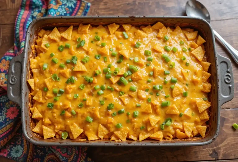 Cheesy Dorito casserole baked in a dish with golden cheese and crunchy topping.