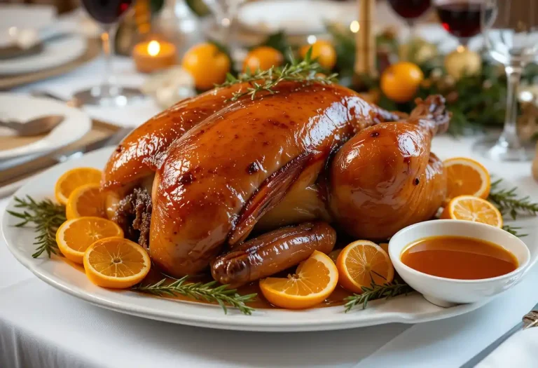 Whole roasted duck à l’orange with orange slices and thyme on a white platter.