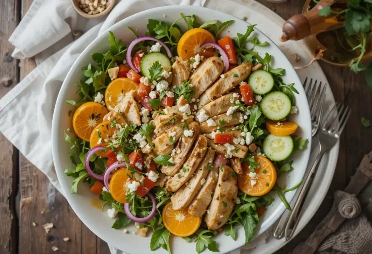 Colorful Mandarin Chicken Salad with chicken, mandarin oranges, veggies, feta, and almonds in a white bowl on a wooden table.