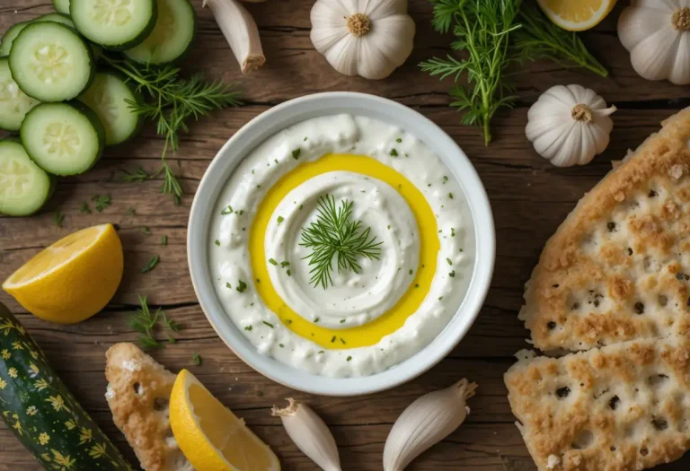Flat-lay of homemade tzatziki sauce with fresh dill, lemon, cucumbers, and pita on a rustic wooden table.