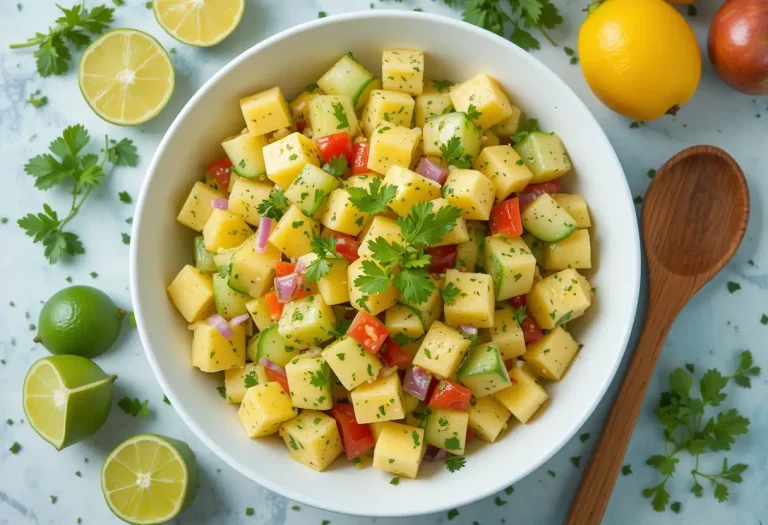 Colorful pineapple cucumber salad in a white bowl, surrounded by lime wedges and herbs on a bright table.