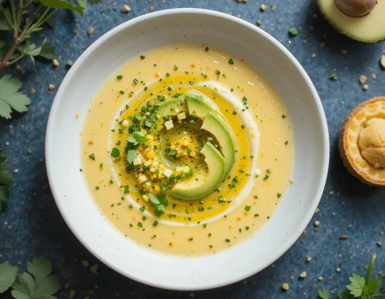 Chilled corn gazpacho served with shrimp skewers and bread on a summer table.