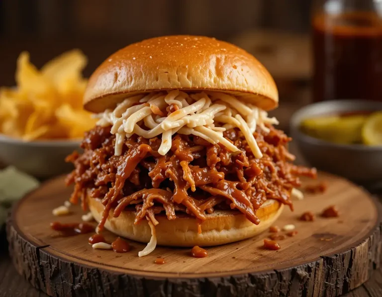 BBQ pulled pork sandwich topped with coleslaw served on a wooden board with pickles.