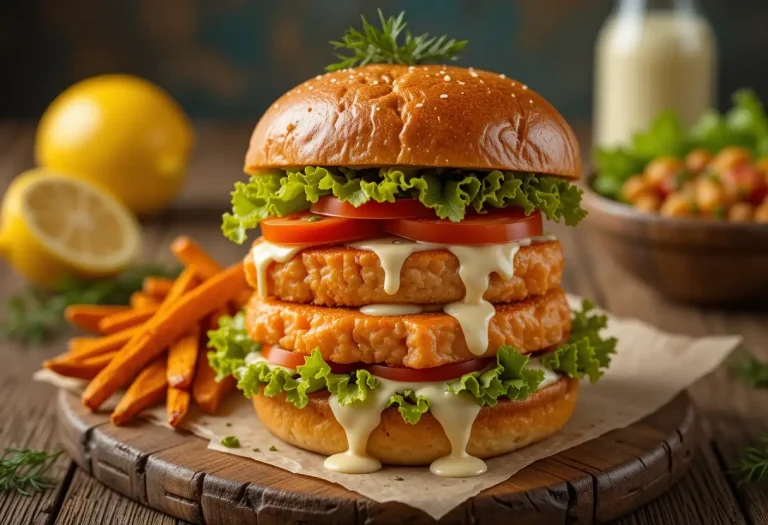 Juicy homemade salmon burger on a toasted brioche bun with lettuce, tomato, and creamy Old Bay mayo, styled on a rustic wooden surface.