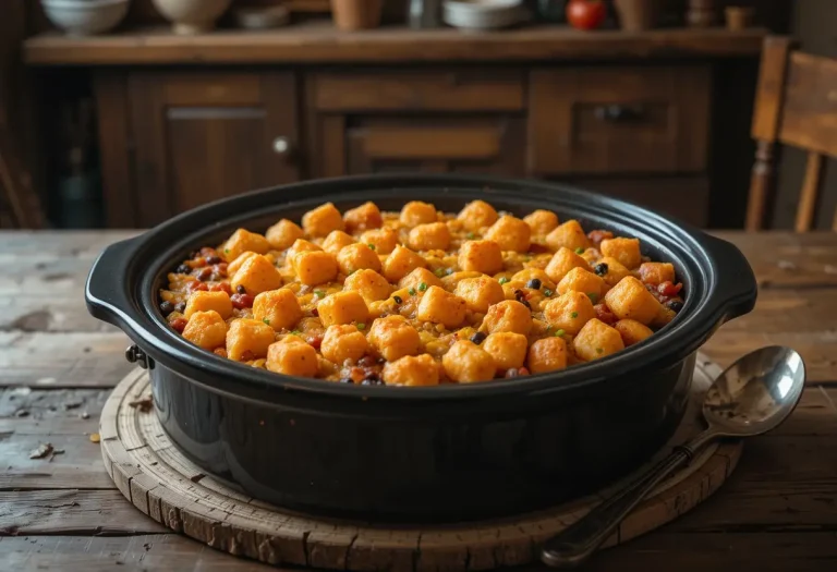 Slow Cooker Cowboy Casserole in a rustic dish with cheesy golden tater tots on top and hearty beef, beans, and veggies underneath.