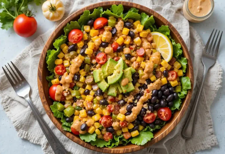 Colorful Southwest Chipotle Salad with avocado, corn, black beans, and chipotle dressing in a wooden bowl.