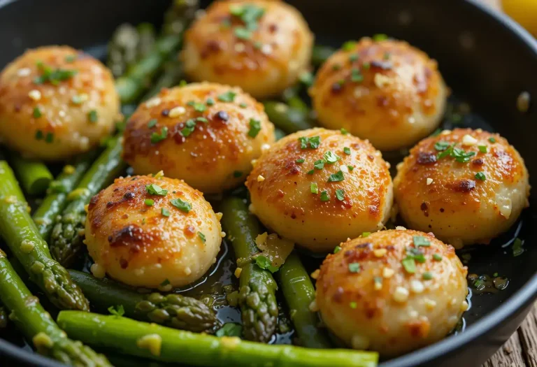 Skillet filled with golden garlic butter chicken bites and bright green asparagus, garnished with parsley and lemon drizzle.