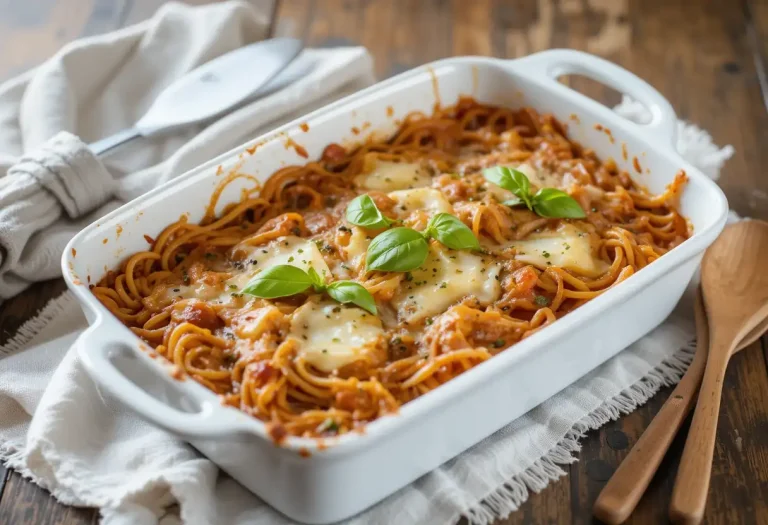 Cheesy vegan spaghetti bake in a white dish with basil on top.