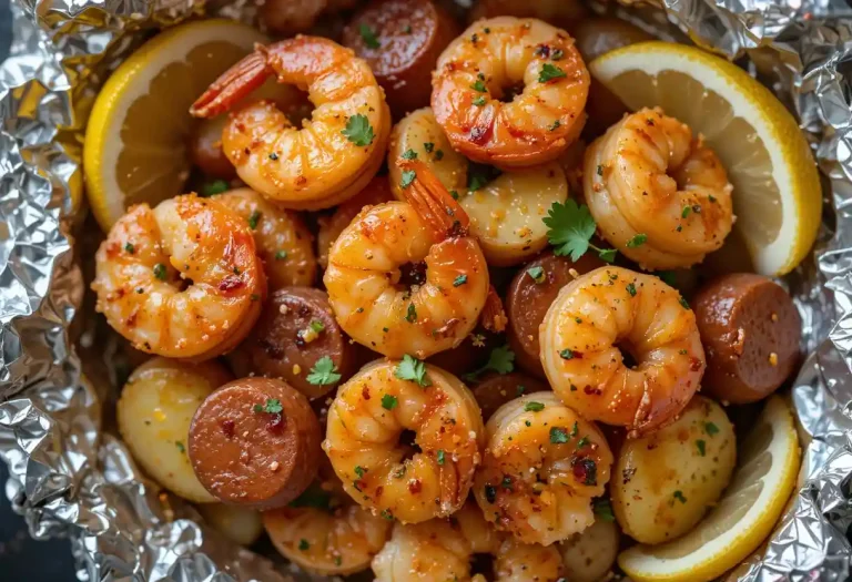 Cajun shrimp and sausage foil pack filled with potatoes and lemon wedges, topped with herbs and spices, served on rustic wood with natural light.