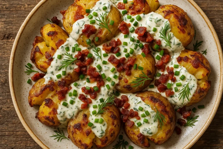 Crispy smashed potato salad served on a rustic ceramic plate, topped with creamy herb dressing, chopped chives, and fresh dill, with golden-brown edges and a natural wood background.