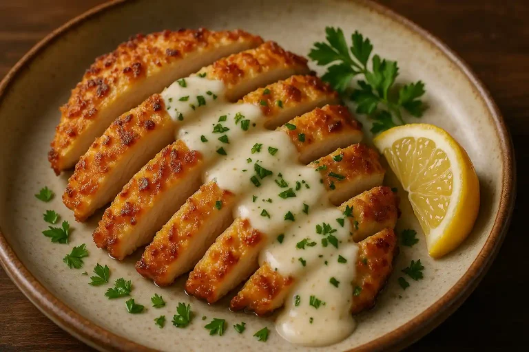 Close-up of sliced Parmesan-crusted chicken breast with golden, crispy coating and creamy garlic sauce drizzled on top.
