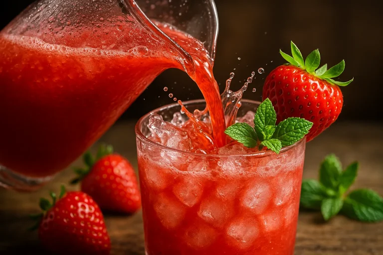 Close-up of a glass of strawberry agua fresca with ice, lime slice, and fresh mint garnish, condensation visible on the glass.