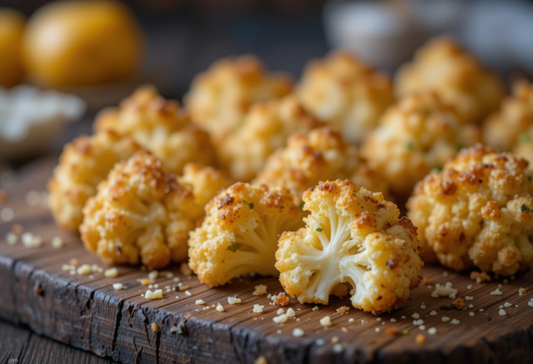 Zoomed-in view of golden Parmesan cauliflower bites on a plate, with crisp edges and melted cheese coating.