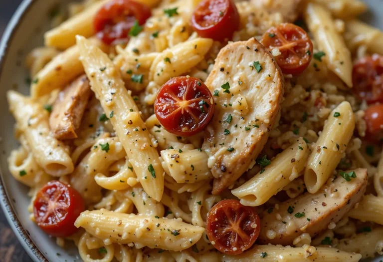 Extreme close-up of creamy penne pasta with juicy chicken, parmesan, and visible flecks of sun-dried tomato and pepper.