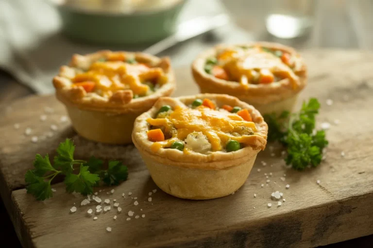 Golden mini chicken pot pies with crispy cheese tops and visible veggies, garnished with parsley on a wooden board.