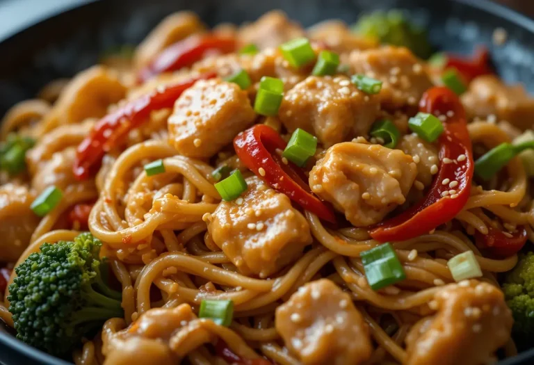Overhead shot of chicken stir fry noodles with vegetables, garnished with sesame seeds and green onions, served on a rustic table.