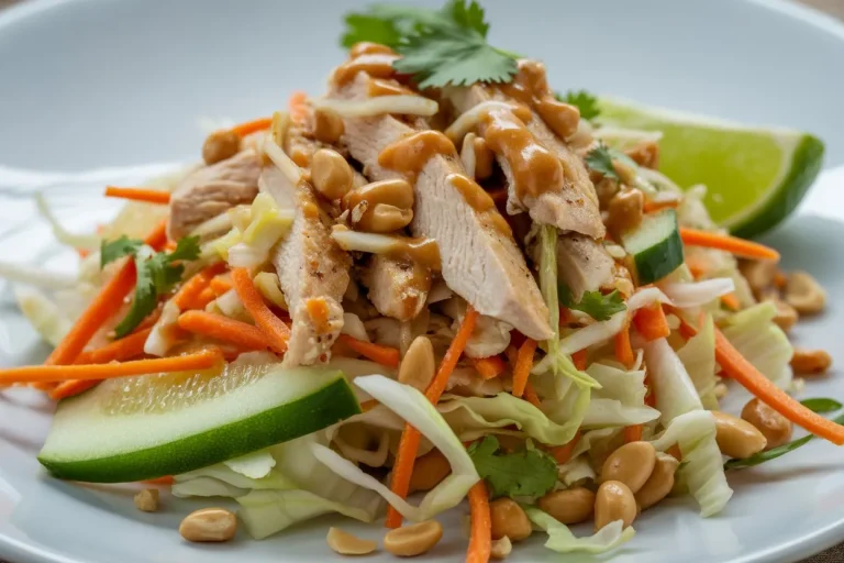 "Zoomed-in Thai Chicken Salad on a plate showing creamy peanut dressing coating crisp vegetables and grilled chicken, topped with cilantro and lime."