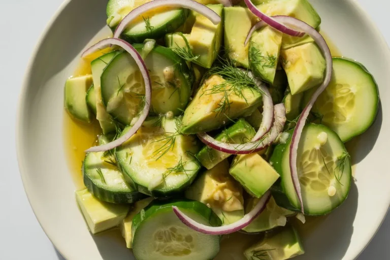 Extreme close-up of creamy avocado slice with red chili threads and cucumber, served on a dark plate with spicy vinaigrette sheen.