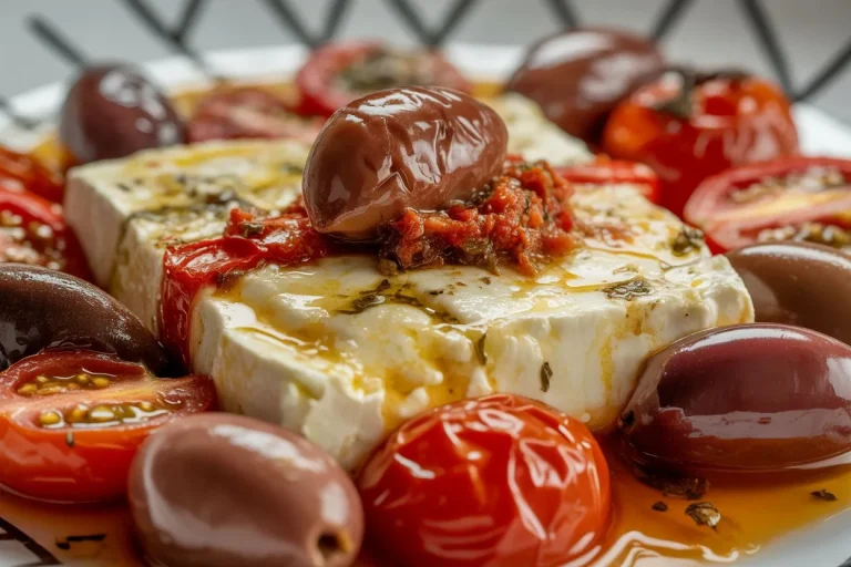 Baked feta cheese with roasted tomatoes and olives, served hot with herbs and olive oil in a ceramic dish.