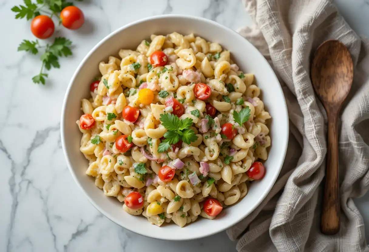 Creamy pasta salad in a white bowl with colorful veggies and parsley, styled on a marble counter.
