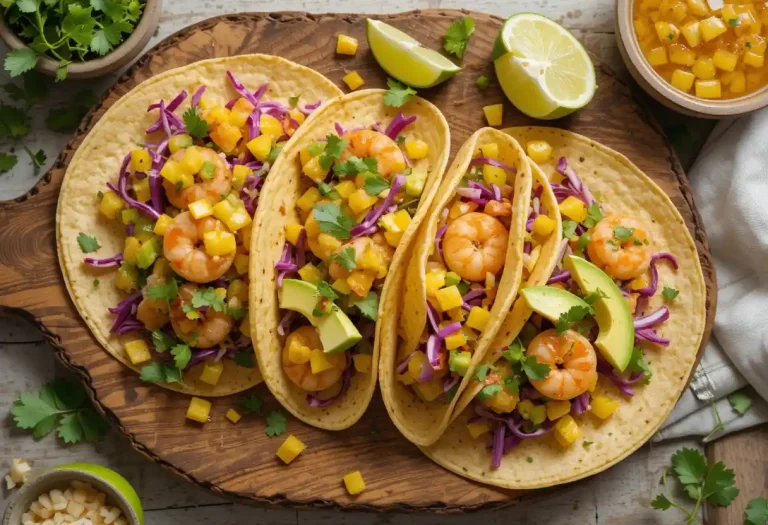 “Colorful shrimp tacos with mango salsa and avocado slices on corn tortillas with lime wedges and fresh herbs.”