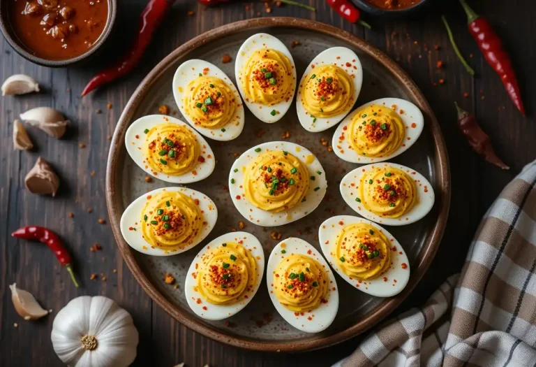 Overhead view of spicy chili garlic deviled eggs on a ceramic platter, garnished with chili oil, paprika, and chives, surrounded by garlic cloves and chili peppers.