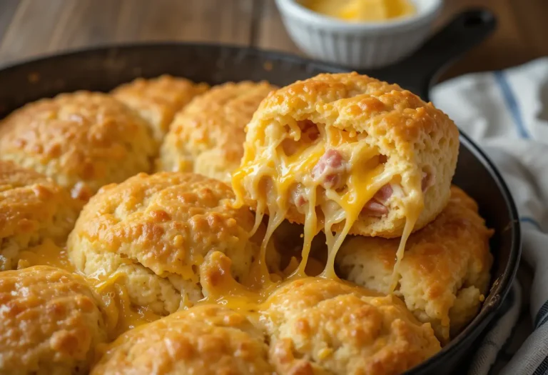 Golden ham and cheese butter swim biscuits in a skillet, one pulled apart to show fluffy, cheesy inside.