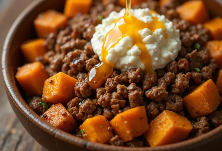 Close-up of sweet potato beef bowl with cottage cheese and hot honey drizzle, showing roasted cubes, seasoned meat, and creamy toppings.