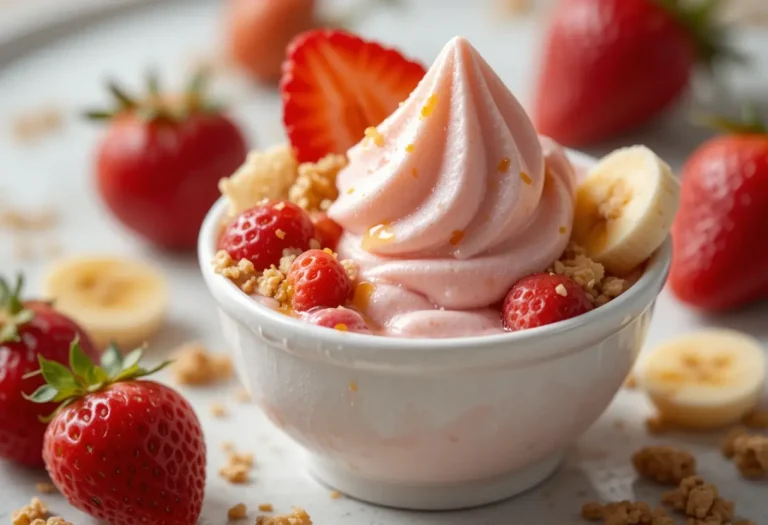 Close-up of a creamy scoop of strawberry banana frozen yogurt in a white bowl, topped with fresh strawberries, banana slices, and granola, with vibrant color and smooth texture in HDR lighting."