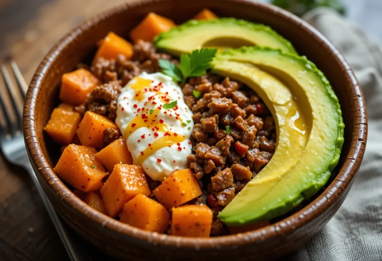 Close-up of a rustic ceramic bowl filled with roasted sweet potato cubes, seasoned ground beef, avocado slices, and cottage cheese, all drizzled with hot honey and garnished with chili flakes and parsley. The ingredients are vibrant and distinct, with natural lighting highlighting the textures.