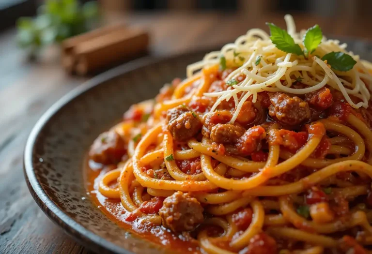 Ultra close-up of juicy Greek spaghetti with spiced meat sauce and melted cheese on a plate, showcasing rich textures and savory details.