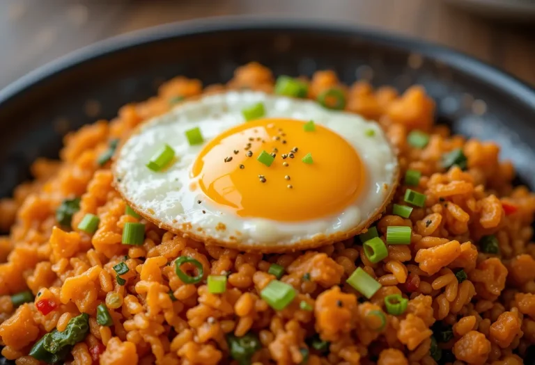 "Close-up of spicy kimchi fried rice topped with a sunny-side-up egg, garnished with green onions and sesame seeds on a gray ceramic plate."