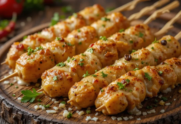 Close-up view of grilled garlic Parmesan chicken skewers, glistening with spicy garlic butter and garnished with chopped parsley and grated cheese on a rustic plate.
