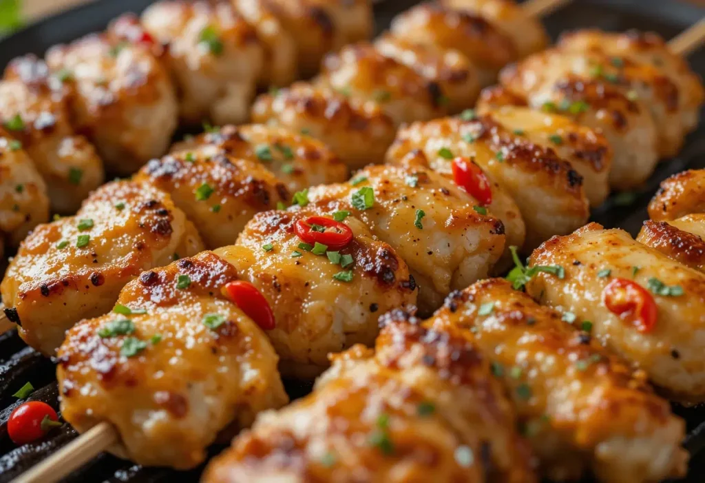 Juicy chicken skewers coated in golden Parmesan crust, served with red chili flakes and herbs, captured in high-resolution with dramatic lighting.