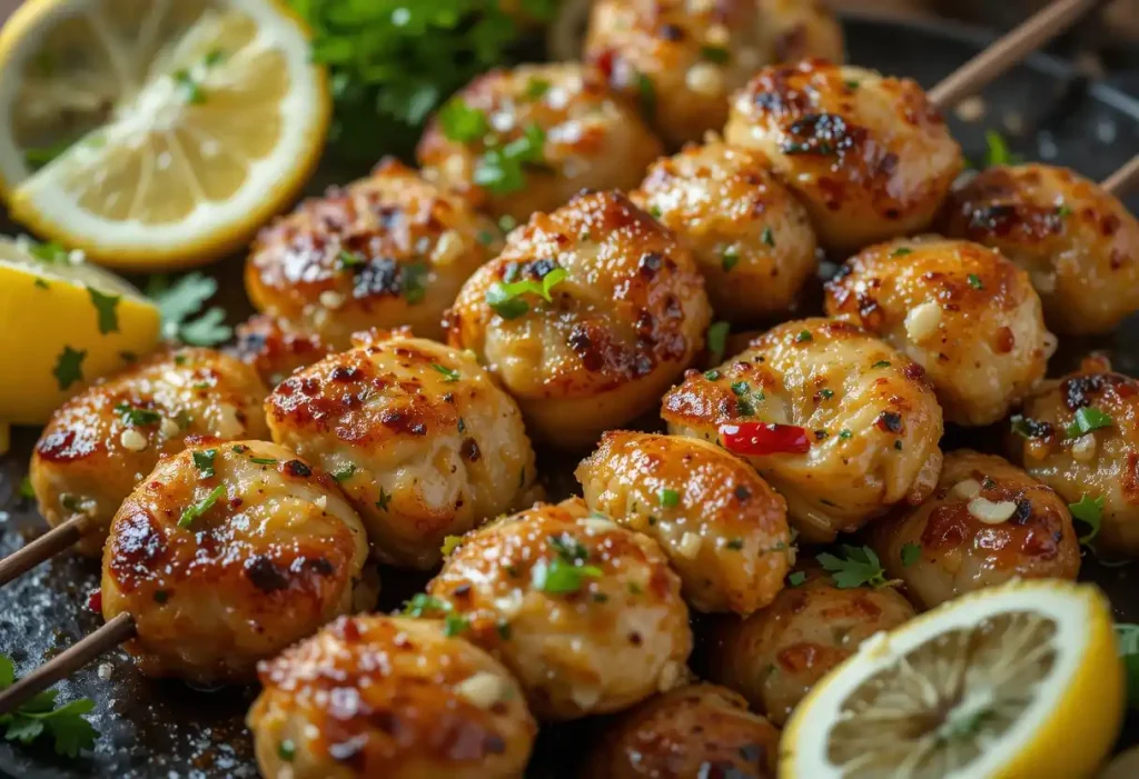 HDR image of spicy garlic Parmesan chicken skewers, stacked neatly on a plate with fresh garnishes, showing crispy textures and rich seasoning.