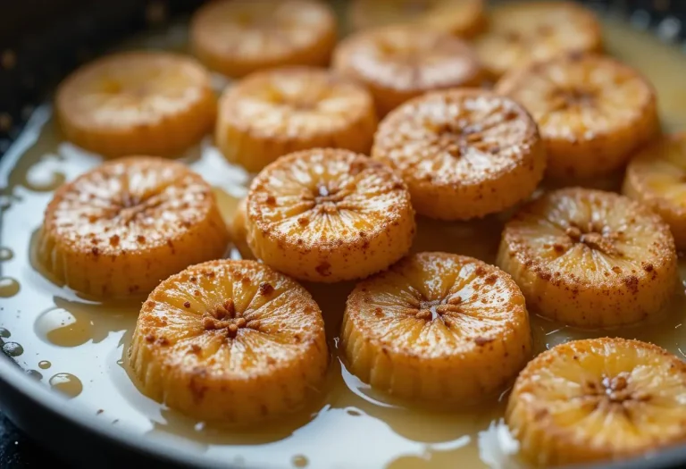 Golden, cinnamon-dusted banana slices displayed on a minimal plate with a creamy white syrup pooling gently beneath them.